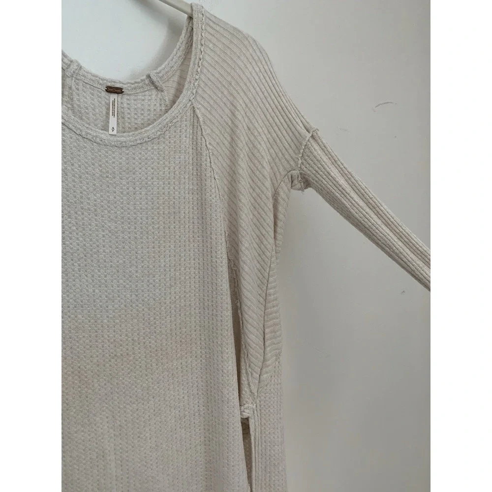 Free People‎ Sz S Ventura Pullover Beige Thermal Waffle Loose Cozy Soft Lounge